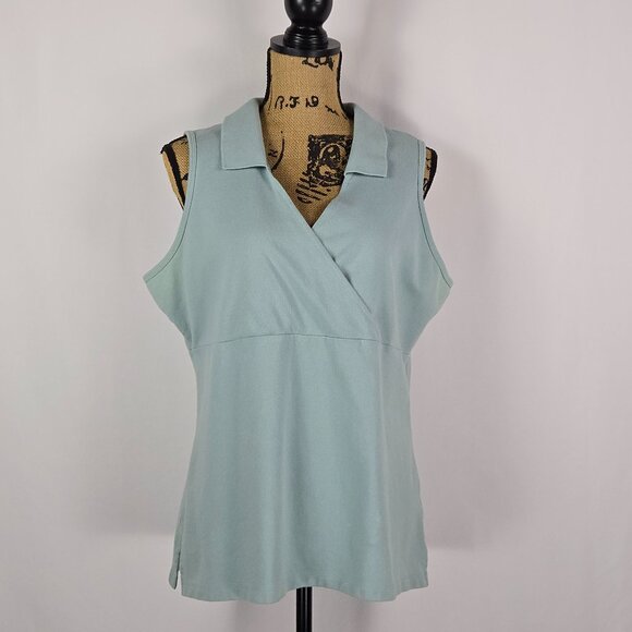 Eddie Bauer Blue Sleeveless Wrap Collar Top XL Cotton Spandex‎ Tank Blouse - Picture 1 of 13